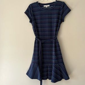 LOFT dress; short sleeved; round neck; flare ruffle bottom; with tie belt